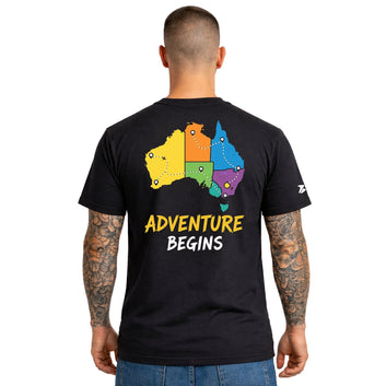 Adventure Begins Black Tee – Premium Cotton Australia Travel T-Shirt - Being Aussie