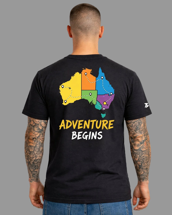 Adventure Begins Black Tee – Premium Cotton Australia Travel T-Shirt - Being Aussie